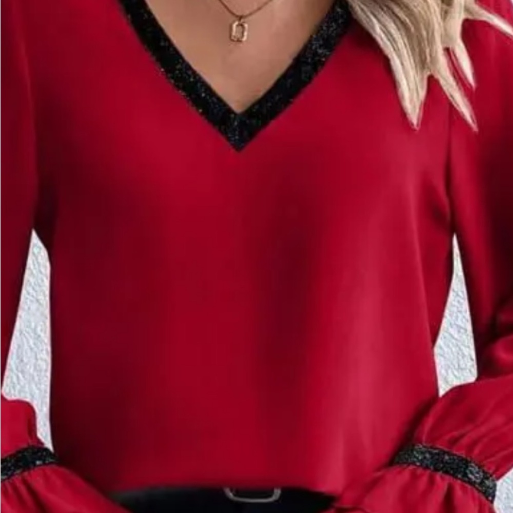 Red V-Neck Women's , Flare Sleeve Blouse /Medium